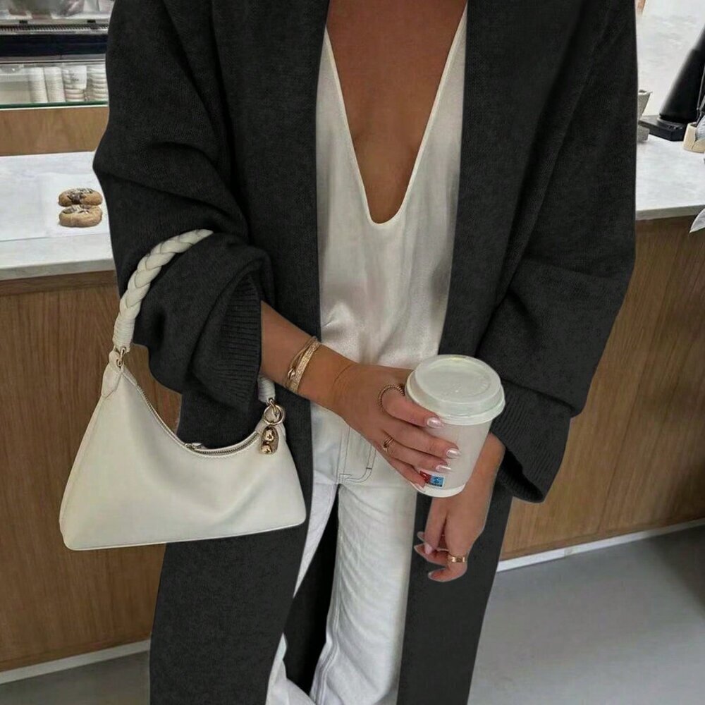 Black Casual Women's V-Neck Buttonless Super Loose Long-Sleeved Knitted Cardigan - Picture 4 of 8